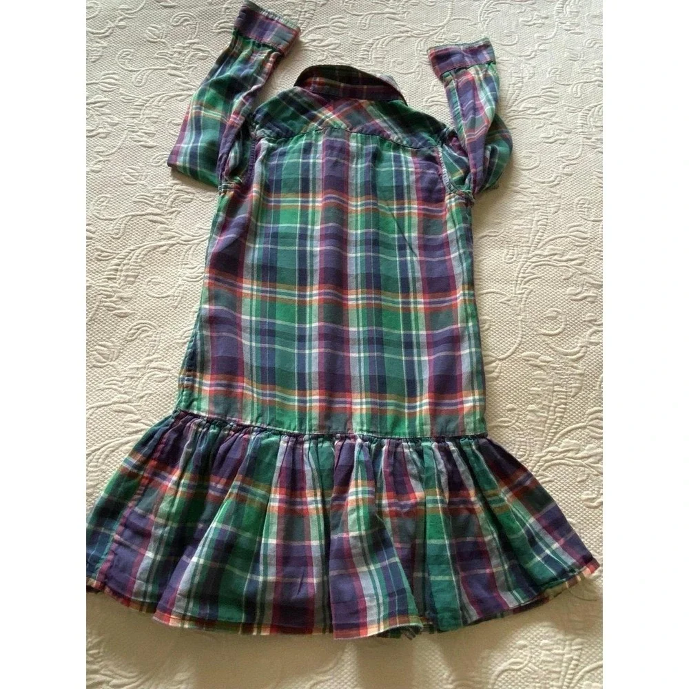 Ralph Lauren Plaid Ruffle Flounce Shirt Dress Buttons Long Sleeve 6x s2